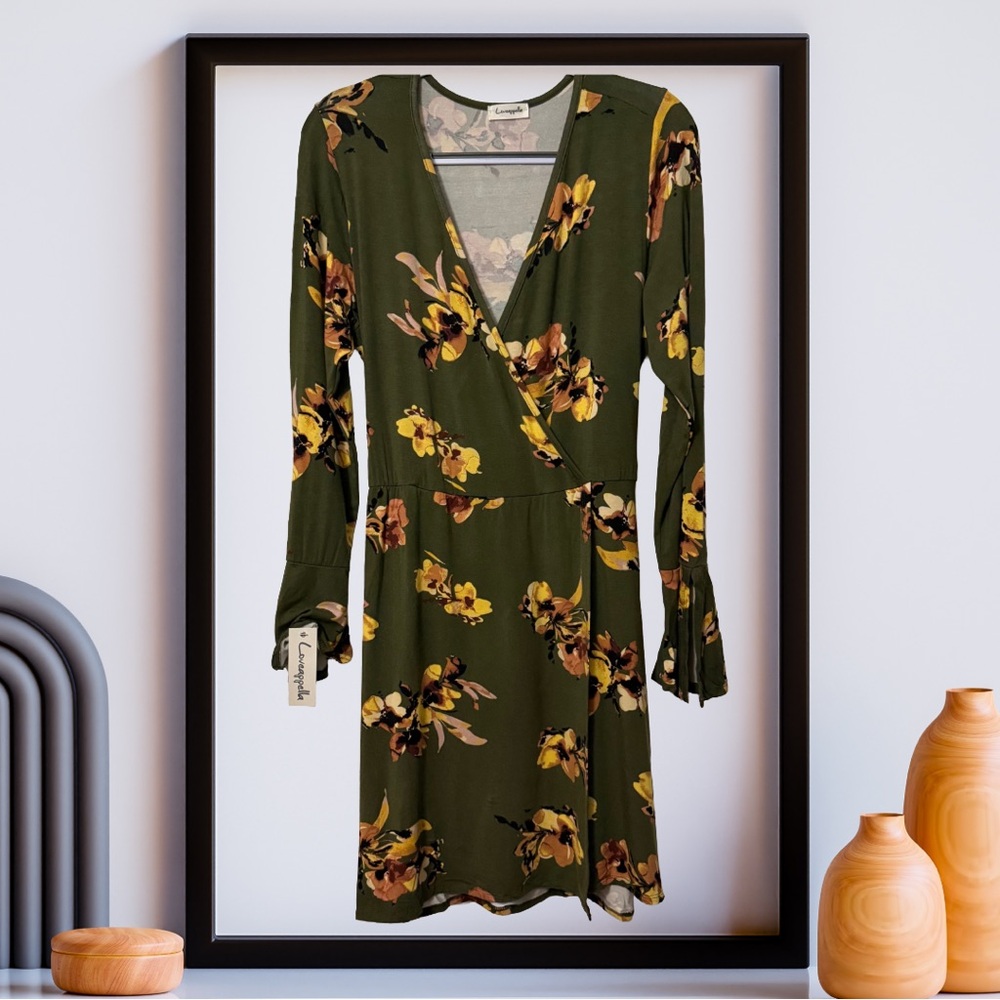 Loveappella Olive Green Floral Long Sleeve Wrap Dress